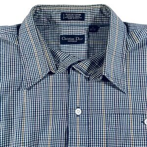 Christian Dior Mens Blue White Plaid Long Sleeve Dress Shirt Size 17 34/35